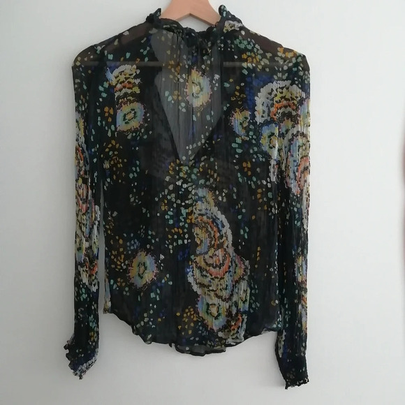 By Anthropologie Peasant Blouse Button Up Semi Sheer Pleated Top Neck Tassels XS - Picture 4 of 16